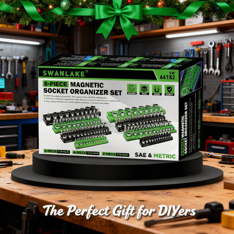 Magnetic Socket Organizer Holder Tool: 8PCS Set includes 2PCS 1/4", 4PCS 3/8", 2PCS 1/2" Drive Socket Storage Trays Toolboxs, Holding 199 Slots Soft Rubber Covering Black Green (sockets not included)