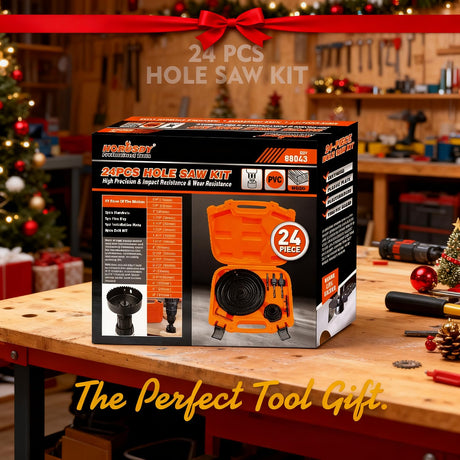 HORUSDY Hole Saw Set 24PCS Hole Saw Kit,Hole Saw Drill Bit Kit, 3/4"-6" (19-152mm) 17PCS Saw Blades, 2 Mandrels, 3 Drill Bit, Installation Plate, Hex Key, For Drywall, Soft Wood, Plywood, Plastic, PVC