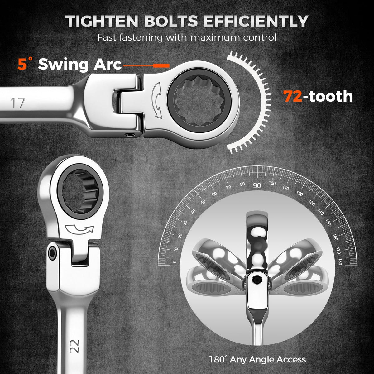 HORUSDY 12-Piece Metric Flex-Head Ratcheting Wrench Set 8-22mm, CR-V Ratchet Combination Wrenches with 72T 180° Flex Head, Magnetic Holder & Tool Bag for Auto, Motorcycle, Home & Repair