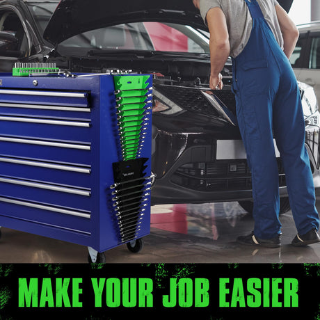 Magnetic Wrench Organizer 2-Piece, 32-Slot Drawer Storage, SAE (1/4" to 1-1/16"), Metric (6mm to 24mm), Green and Black