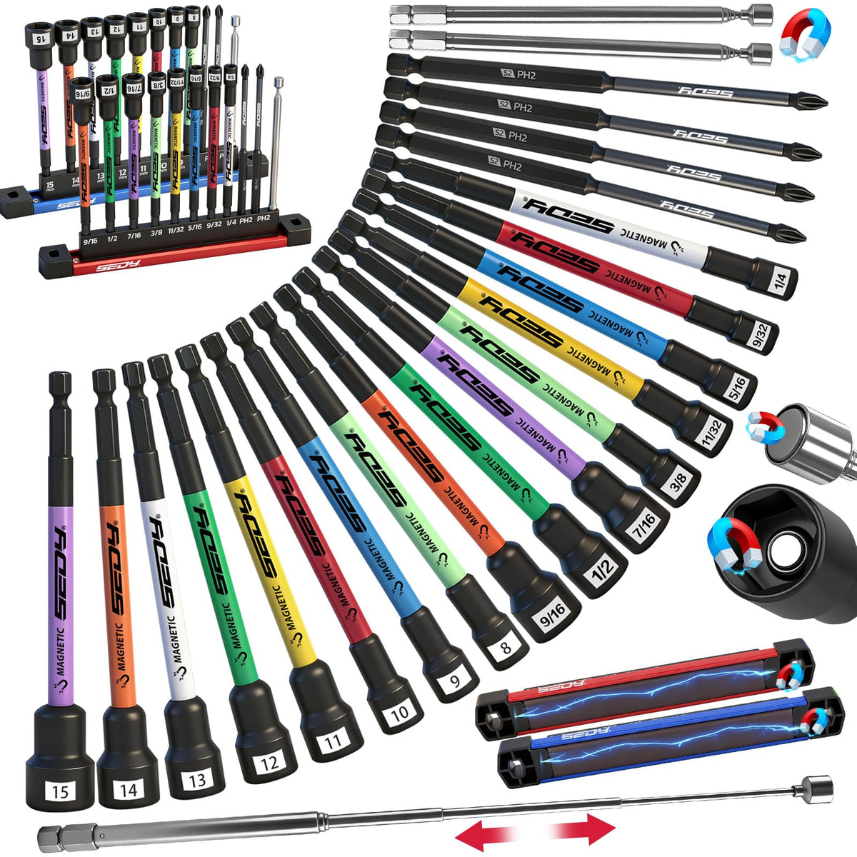22-Piece Magnetic Extra Long Nut Driver Set, SAE (9/16"-1/4") & Metric (8-15mm), 6" Impact Nut Drivers with PH2 Bits, 1.5lb Telescoping Magnetic Pickup Tool & Storage Rail, 1/4" Hex Shank, S2 Steel