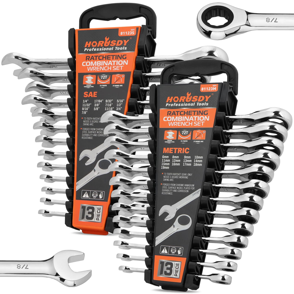 HORUSDY 26-Piece Ratcheting Wrench Set | Metric and SAE (6-19 mm & 1/4” to 3/4“) | Ratchet Combination Wrenches Set with Organizer | 72-Tooth | Chrome Vanadium Steel