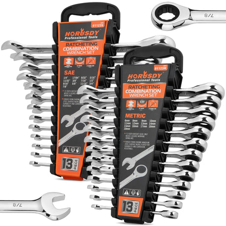 HORUSDY 26-Piece Ratcheting Wrench Set | Metric and SAE (6-19 mm & 1/4” to 3/4“) | Ratchet Combination Wrenches Set with Organizer | 72-Tooth | Chrome Vanadium Steel