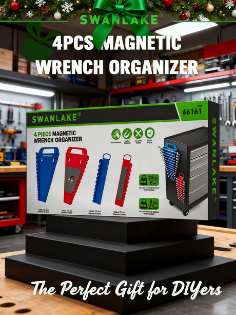 SWANLAKE 4-Pack Magnetic Wrench Organizer Toolbox Holder, 2PCS 15-Slot and 2PCS 12-Slot Wrench Organizers, SAE & Metric Ratchet Holders for Tool Box