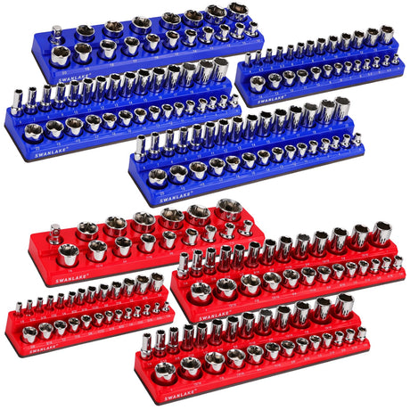8-Piece Magnetic Socket Organizer Set, SAE & Metric Socket Holders for 1/4", 3/8", 1/2" Drive, Holds 199 Sockets, Rubber-Coated Toolbox Storage Trays, Blue and Red Tool Box Organizer