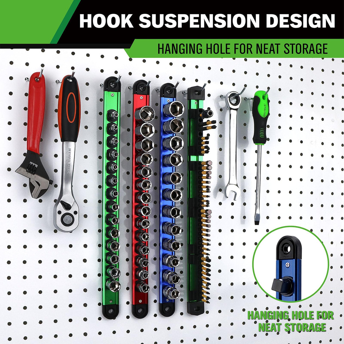 4-Piece Magnetic Socket Organizer Kit, 1/4'' 3/8'' 1/2'' Heavy Duty Socket Holder Holds 40 Clips, Aluminum Sockets Rail for Tool Box Drawer with 1/4'' Slidable Drill Bit Organizer Holds 40 Bits