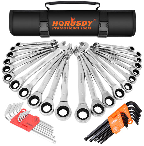 48-Piece Ratcheting Wrench Set, Metric 6-18mm & SAE 1/4-3/4", Cr-V Steel 72 Teeth Ratchet Wrench with Roll Up Pouch and Hex Keys