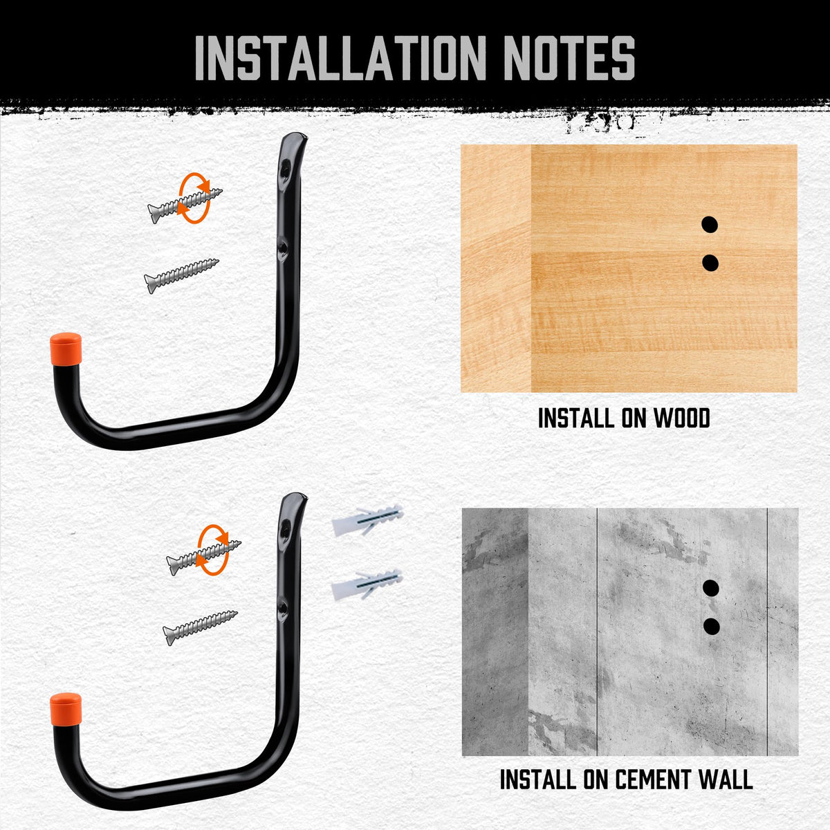 HORUSDY 6 Pack 8 Inch Heavy Duty Garage Hooks, Wall Mount Storage Hangers for Ladder, Bike, Hose, Tools, Holds up to 30LBS, Large Utility Hooks with Screws & Anchors, 7.5" x 7.68"