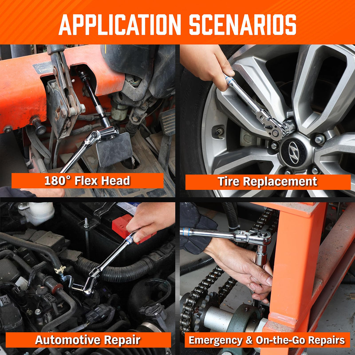 10-Piece Flex-Head Ratchet Set, 1/4", 3/8" & 1/2" Drive Socket Wrenches, 90-Tooth Quick-Release Reversible Low-Profile, Extension Bars (4", 10", 6") & 4 Adapters for Automotive, Bike, and Home Repair