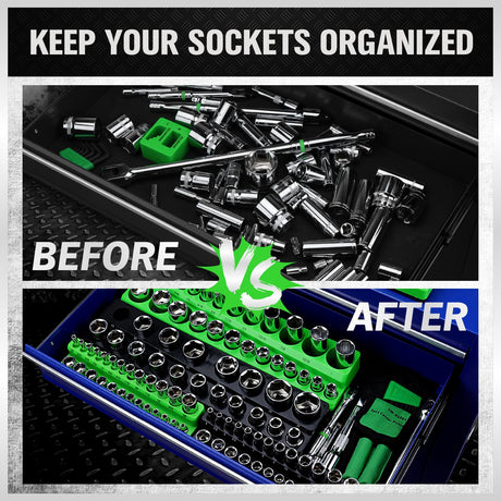Magnetic Socket Organizer Holder Tool: 8PCS Set includes 2PCS 1/4", 4PCS 3/8", 2PCS 1/2" Drive Socket Storage Trays Toolboxs, Holding 199 Slots Soft Rubber Covering Black Green (sockets not included)