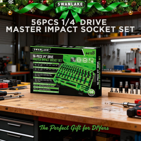 SWANLAKE 1/4" Drive Impact Socket Set, 56-Piece Standard SAE (5/32 to 9/16 inch) and Metric (4-15mm) Size, 6 Point, Cr-V, 1/4-Inch Drive Ratchet Handle, Extension Bar, Impact Universal Joint