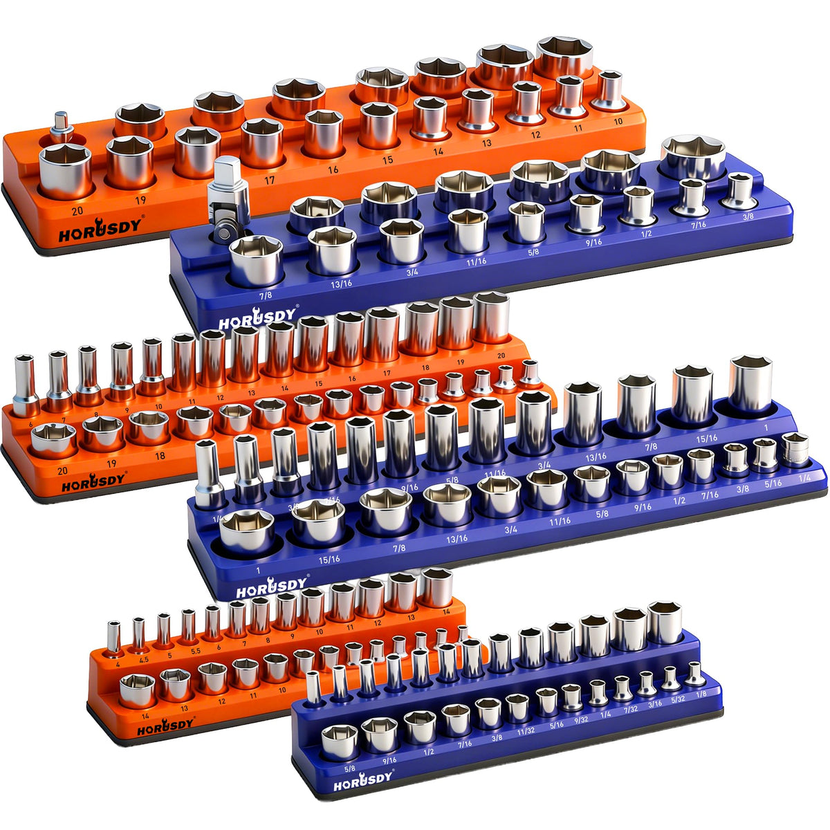 HORUSDY 6-Piece Magnetic Socket Organizer Set, 1/4", 3/8", 1/2" Drive Holders for 143pcs, Magnetic Trays for Socket Storage