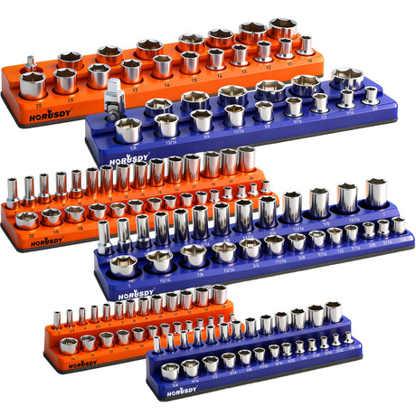 HORUSDY 6-Piece Magnetic Socket Organizer Set, 1/4", 3/8", 1/2" Drive Holders for 143pcs, Magnetic Trays for Socket Storage