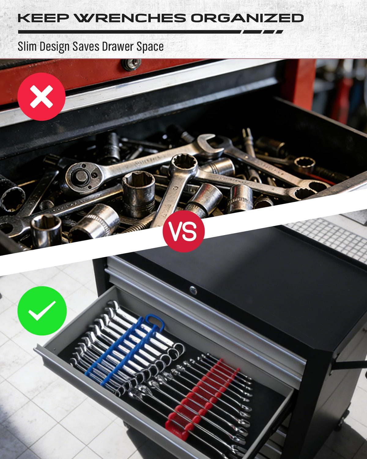 2-Pack Magnetic Wrench Organizer Set, 24-Slot Premium Wrench Rack Holder with Non-Slip Carry Handle for Tool Box Drawer Wall Storage, SAE (1/4'' to 15/16'') & Metric (6mm to 24mm)