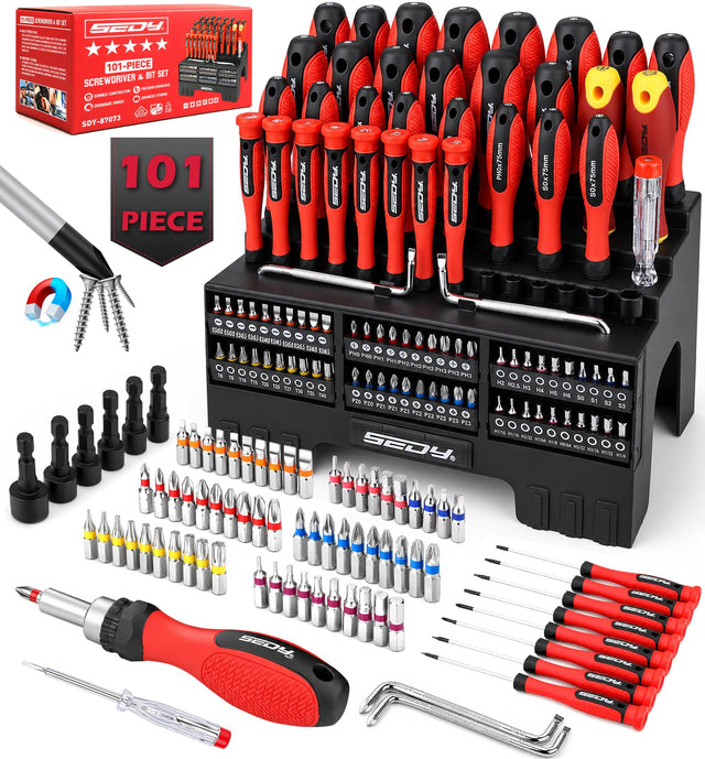 101-Piece Magnetic Screwdriver Set with 60 Bits, Ratchet and Storage Rack