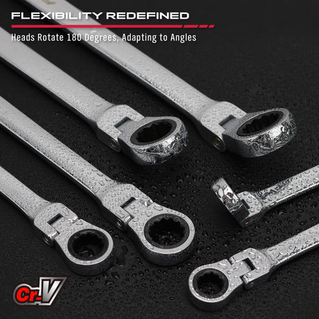 Extra Long Flex-Head Ratcheting Wrench Set, Anti-Slip 6-Piece Double Box End Wrench Set, 72-Teeth, Metric 8-19mm, CR-V Steel Wrench with Rolling Pouch