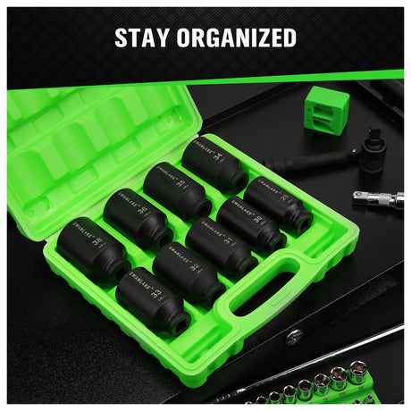 SWANLAKE 9-Piece 1/2" Impact Axle Nut Socket Set, Deep Metric Large Socket Set, 29mm 30mm 31mm 32mm 33mm 34mm 35mm 36mm 38mm, Cr-V Spindle Joint High Torque Wheel Nut Sockets