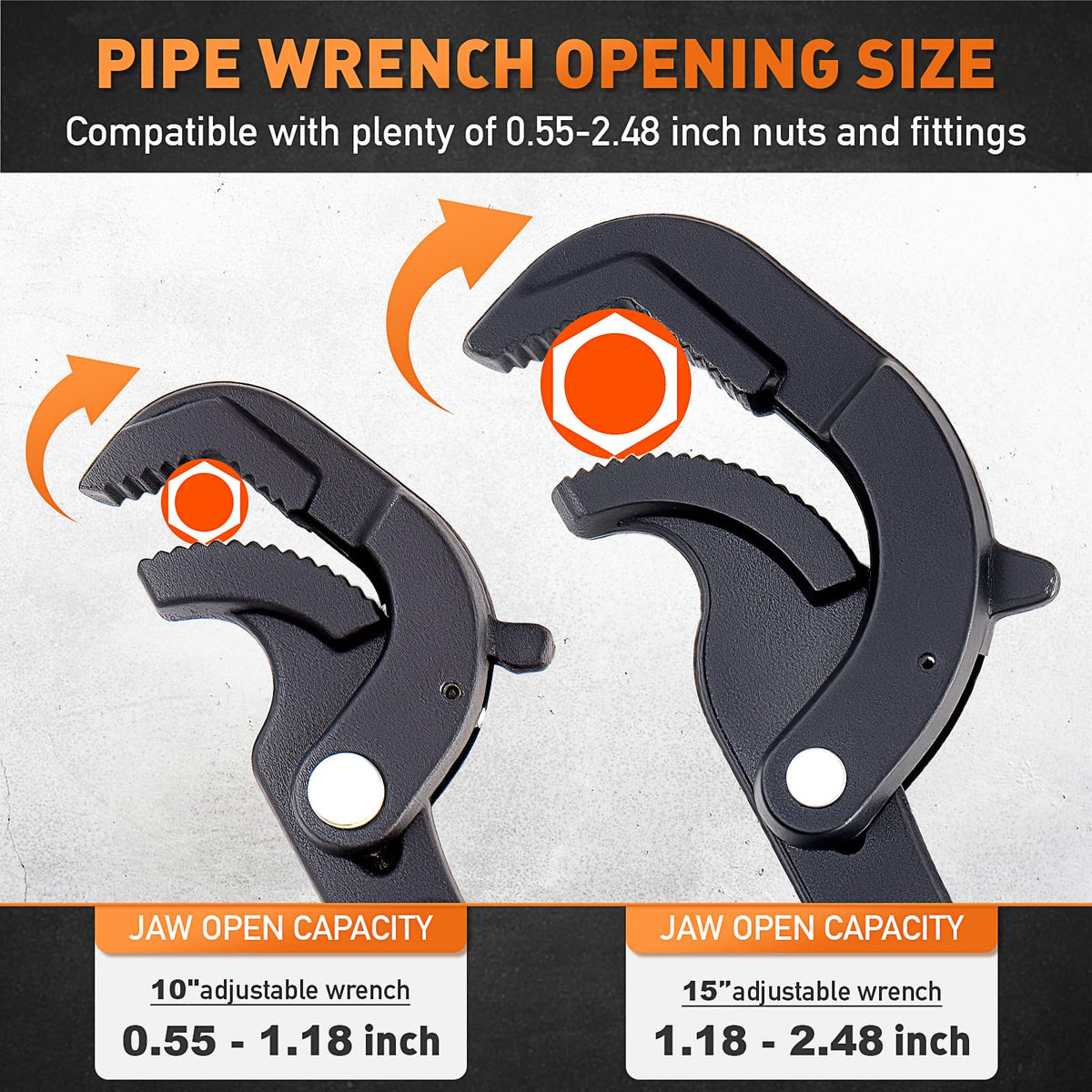 HORUSDY Heavy Duty Pipe Wrench Set, 10” and 15” Self-Adjusting Pipe Wrenches for Plumbing and HVAC, 2-Piece Pipe Vise Tool Kit for Standard and Irregular Nuts, Pipes, Fixtures – Pipe Wrench Set | Amazon US image 5