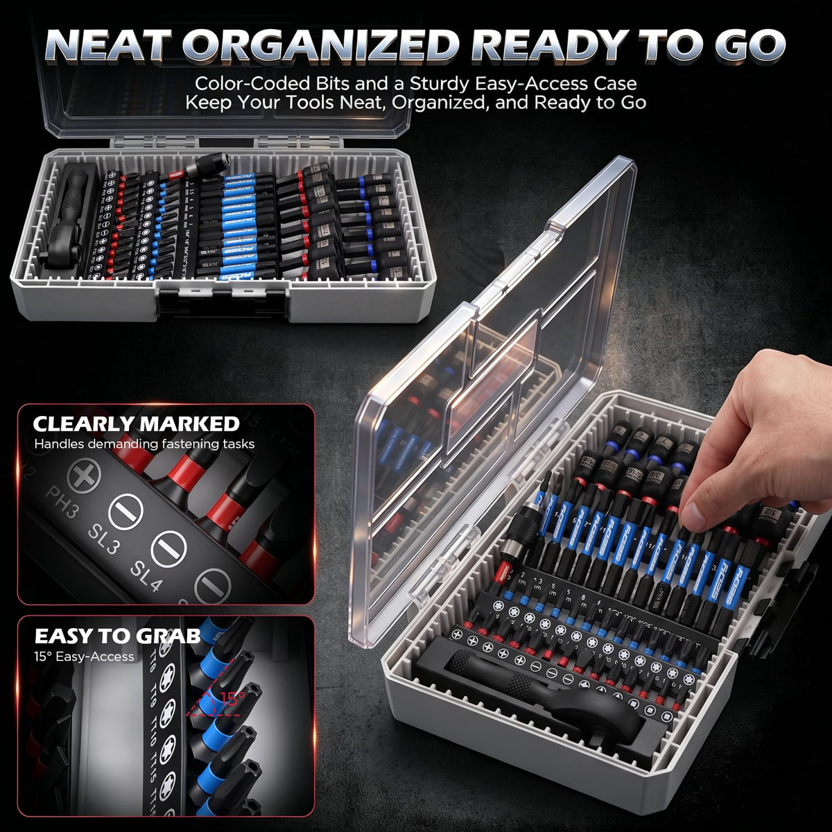 59-Piece Magnetic Nut Driver Bit Set, SAE and Metric Nut Drivers with Screwdriver Bits, Ratchet Wrench, Quick-Change Bit Holder and Storage Case for Automotive Repair, Home Repair and DIY Projects