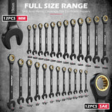 Premium 24-Piece Ratcheting Wrench Set, SAE(1/4-7/8") & Metric(8–19mm) Combination Wrenches, 72-Tooth CR-V Steel with Durable Black Finish, Ratchet Spanners with Roll-Up Tool Pouch for Repair
