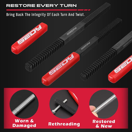 49-piece SAE and metric thread chaser and rethreading kit for automotive bolts, nuts, spark plugs, and engine thread repair, with organized storage case.