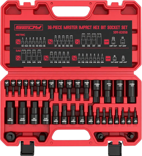 36-piece impact hex bit socket set with metric and SAE sizes, made of CR-V steel, includes storage case