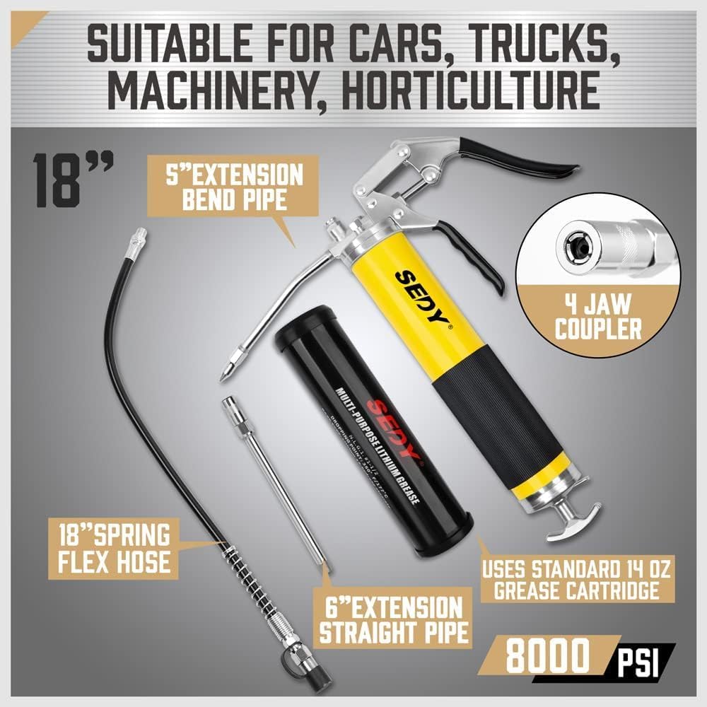 18-inch Pistol Grip Grease Gun, Flexible Hose, and Extension Kit - Heavy Duty Grease Gun for Automotive and Industrial Use