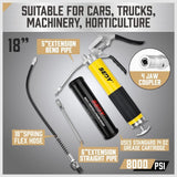 18-inch Pistol Grip Grease Gun, Flexible Hose, and Extension Kit - Heavy Duty Grease Gun for Automotive and Industrial Use
