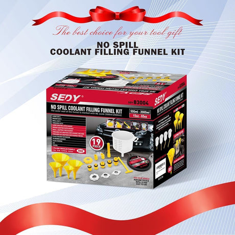 SEDY 19-piece spill proof coolant filling funnel kit with large funnel, scale, universal radiator adapters, elbows, extensions for safe car radiator fluid refill