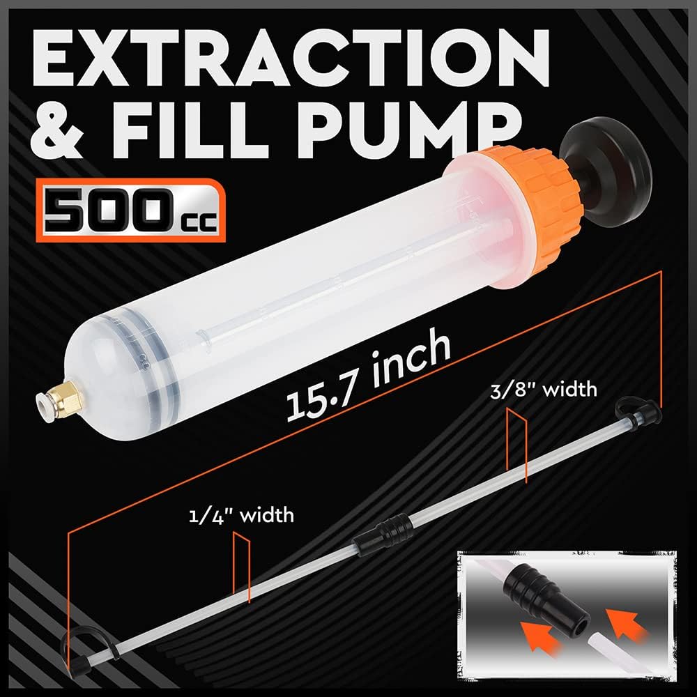 HORUSDY 500cc fluid extraction and fill pump with hose and locking coupler for automotive maintenance and fluid transfer