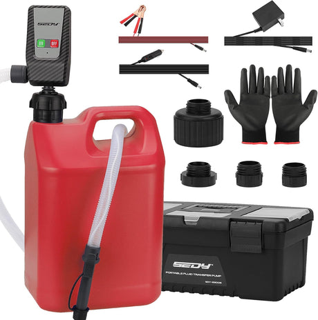 SEDY battery-powered fuel transfer pump with auto-stop sensor, multiple power supplies, adapters, and 3.2 GPM flow for gasoline, oil, water