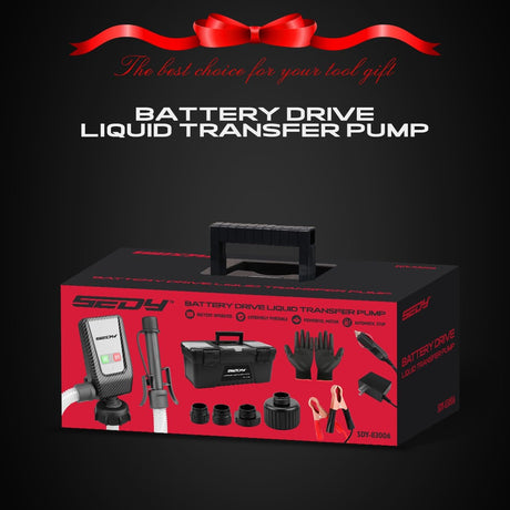 SEDY battery-powered fuel transfer pump with auto-stop sensor, multiple power supplies, adapters, and 3.2 GPM flow for gasoline, oil, water