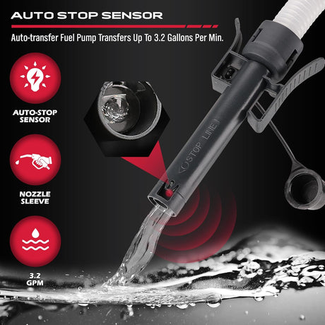 SEDY battery-powered fuel transfer pump with auto-stop sensor, multiple power supplies, adapters, and 3.2 GPM flow for gasoline, oil, water