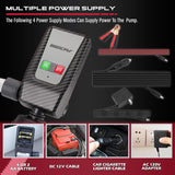 SEDY battery-powered fuel transfer pump with auto-stop sensor, multiple power supplies, adapters, and 3.2 GPM flow for gasoline, oil, water
