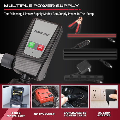 SEDY battery-powered fuel transfer pump with auto-stop sensor, multiple power supplies, adapters, and 3.2 GPM flow for gasoline, oil, water