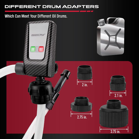 SEDY battery-powered fuel transfer pump with auto-stop sensor, multiple power supplies, adapters, and 3.2 GPM flow for gasoline, oil, water