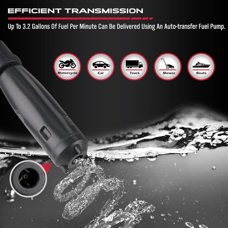 SEDY battery-powered fuel transfer pump with auto-stop sensor, multiple power supplies, adapters, and 3.2 GPM flow for gasoline, oil, water