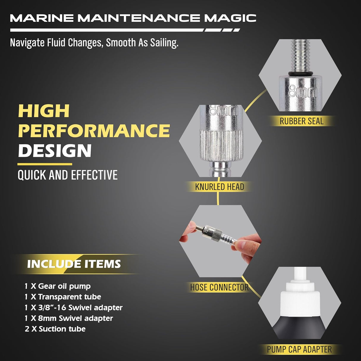 Marine gear oil pump with bottle and adapters for quick and clean fluid transfer on boat lower units