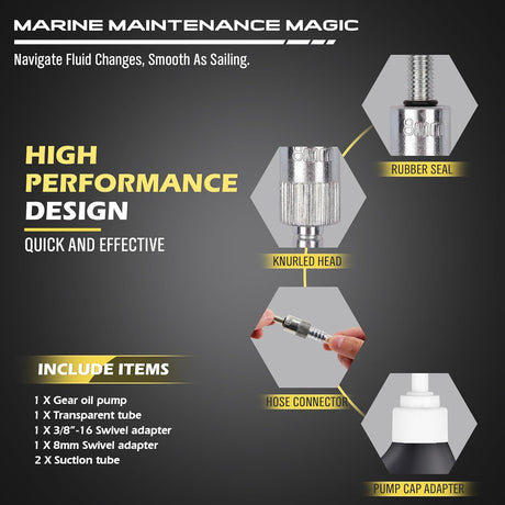 Marine gear oil pump with bottle and adapters for quick and clean fluid transfer on boat lower units