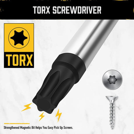 HORUSDY 13-piece magnetic Torx screwdriver set with CR-V steel blades, T5 to T40 sizes, non-slip handles, and magnetizer/demagnetizer tool