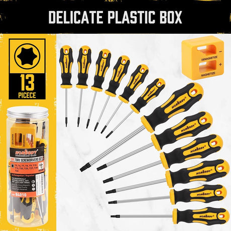 HORUSDY 13-piece magnetic Torx screwdriver set with CR-V steel blades, T5 to T40 sizes, non-slip handles, and magnetizer/demagnetizer tool