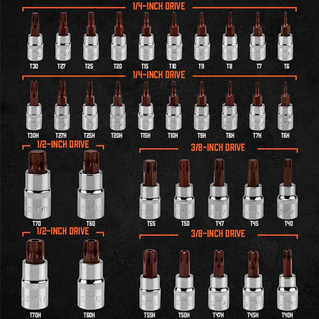 HORUSDY 34-piece Torx star bit socket set with S2 steel bits and CR-V sockets for automotive, mechanical, and workshop use