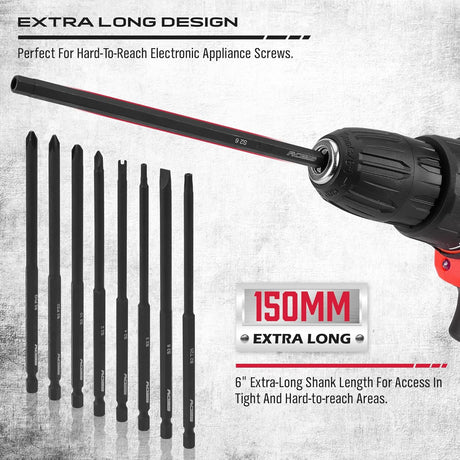 32-piece security bit set with 6" long tamper-proof bits, including Torx, PoziDriv, Spanner, Tri-Wing, for electric drills.