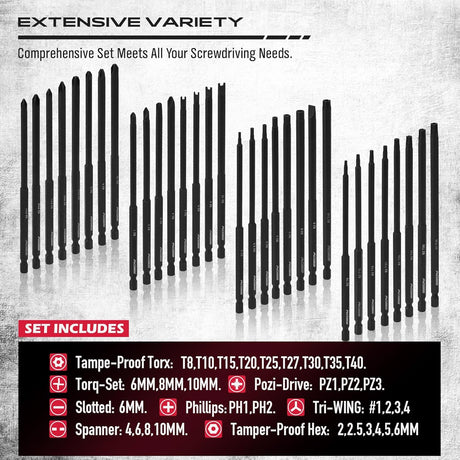 32-piece security bit set with 6" long tamper-proof bits, including Torx, PoziDriv, Spanner, Tri-Wing, for electric drills.