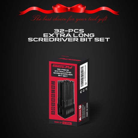 32-piece security bit set with 6" long tamper-proof bits, including Torx, PoziDriv, Spanner, Tri-Wing, for electric drills.
