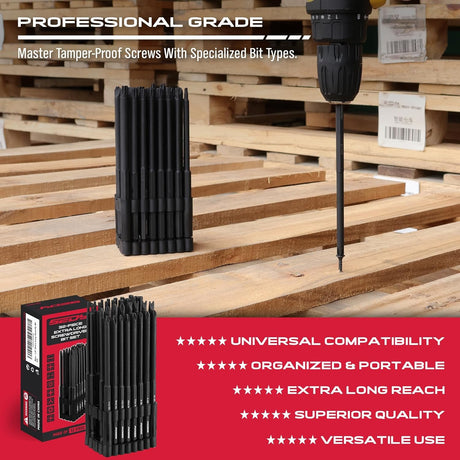 32-piece security bit set with 6" long tamper-proof bits, including Torx, PoziDriv, Spanner, Tri-Wing, for electric drills.