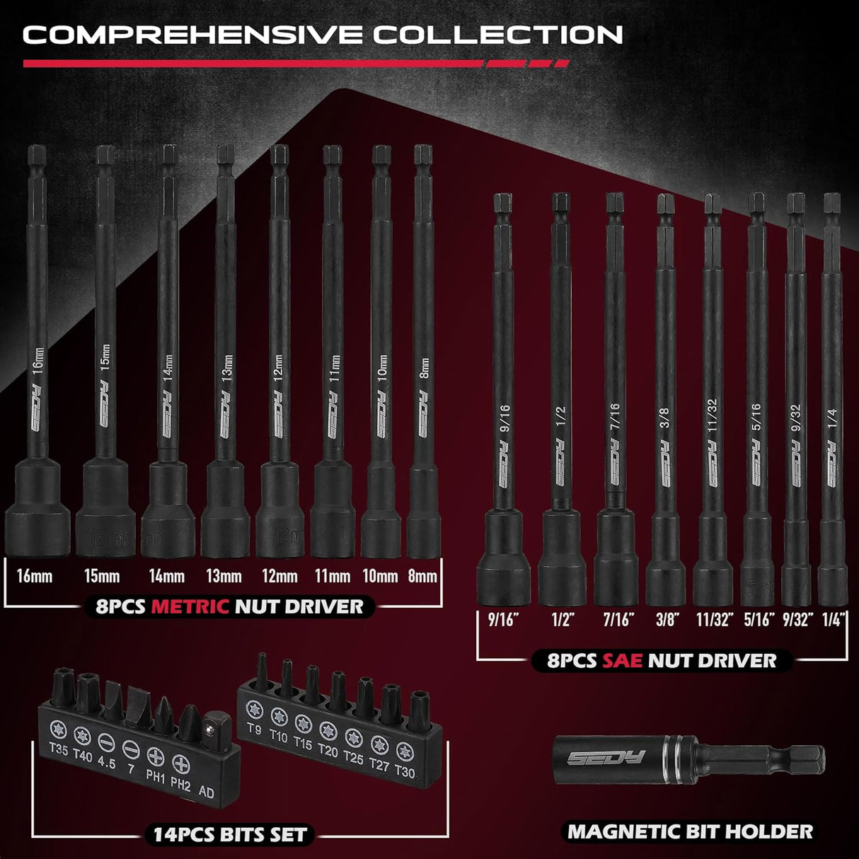 SEDY 31-piece magnetic nut driver set with SAE and metric sizes, S2 steel construction, magnetic tips, and storage case