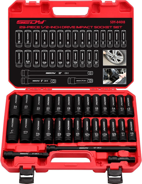 SEDY 29-piece 1/2 inch drive impact socket set with SAE metric sockets, extension bars and heavy-duty storage case