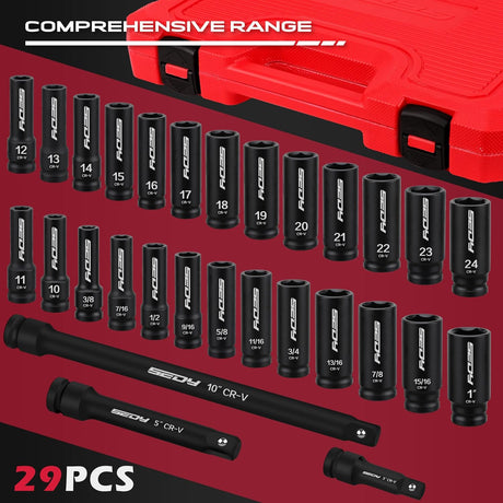 SEDY 29-piece 1/2 inch drive impact socket set with SAE metric sockets, extension bars and heavy-duty storage case