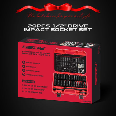 SEDY 29-piece 1/2 inch drive impact socket set with SAE metric sockets, extension bars and heavy-duty storage case